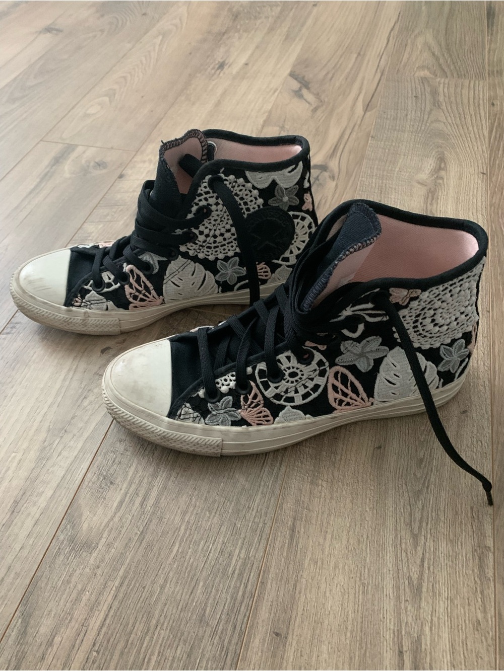 Converse Women's Black High-Top Sneakers with Pink & Cream Floral Embroidery